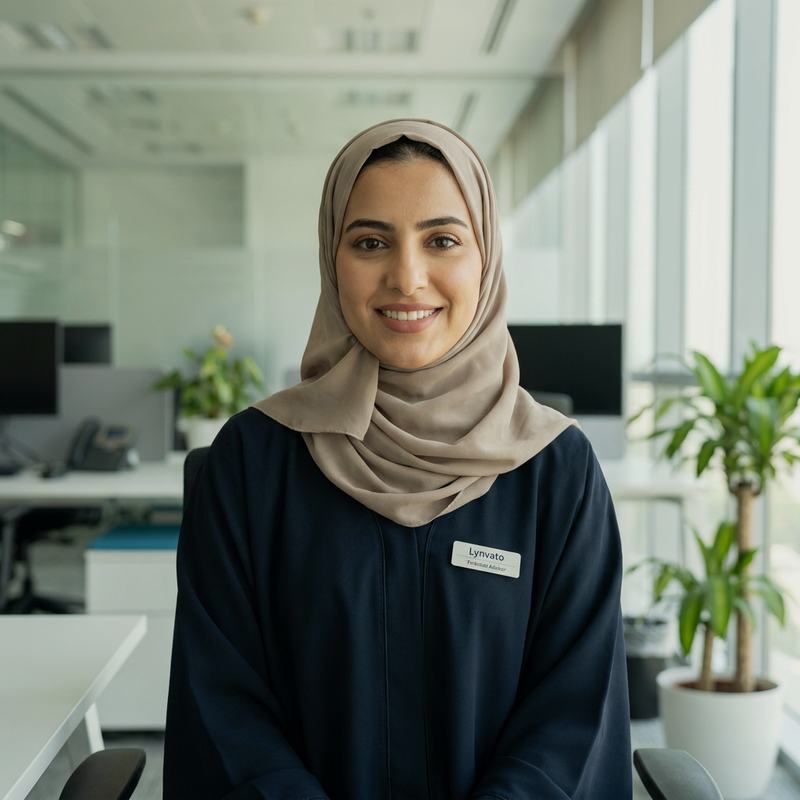 مستشارة عملاء في Lynvato تحمل بطاقة تعريف وتبتسم داخل مكتب مفتوح