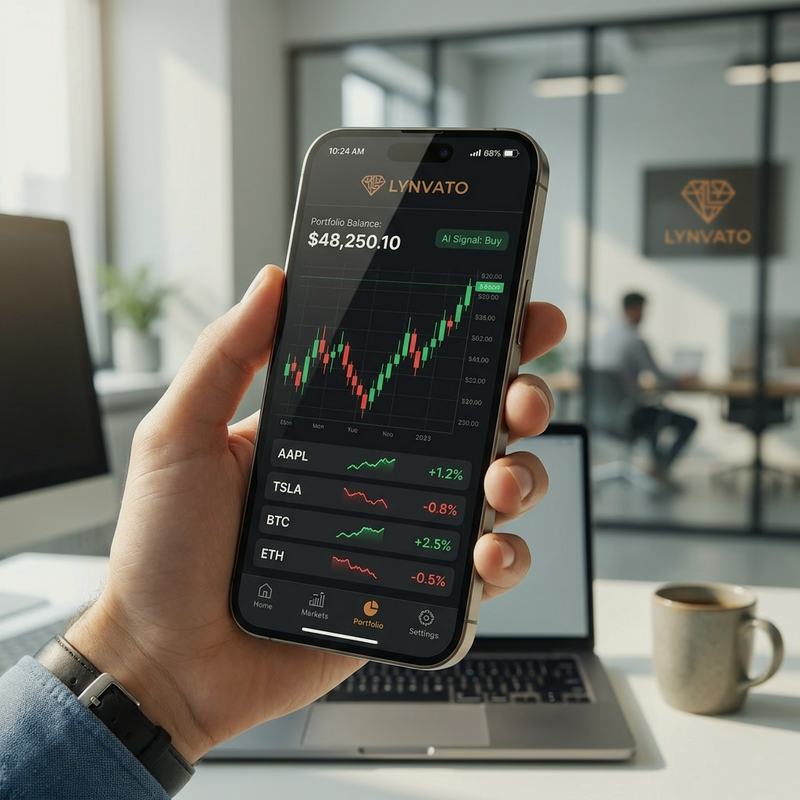 تطبيق Lynvato على هاتف يعرض رصيد المحفظة وإشارة المحرك وقائمة مراقبة لحظية