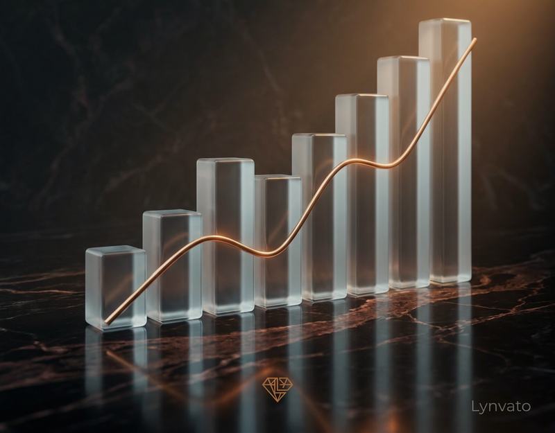 أعمدة زجاجية متصاعدة يعبرها منحنى نحاسي مضيء فوق سطح رخامي داكن، وعلامة Lynvato إلى الجانب